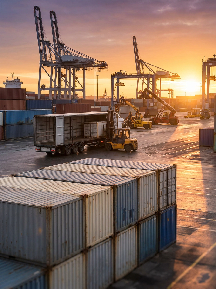Container terminal at sunset with freight being loaded